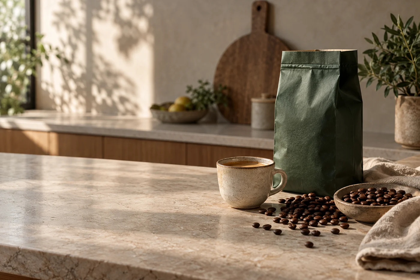 Kaffe, bønner og emballage i et køkken. Genereret eksempel.